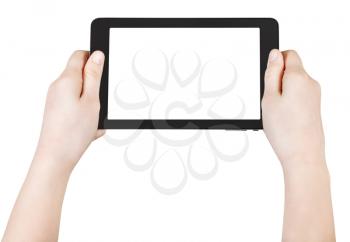 child's hands hold tablet pc with cut out screen isolated on white background