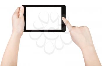 child using tablet pc with cut out screen isolated on white background