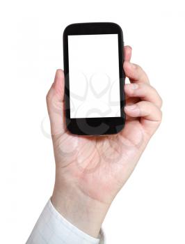 businessman holds smartphone with cut out screen isolated on white background
