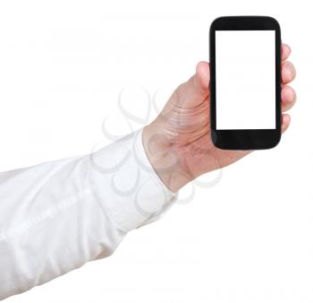 businessman holding touchscreen phone with cut out screen phone isolated on white background