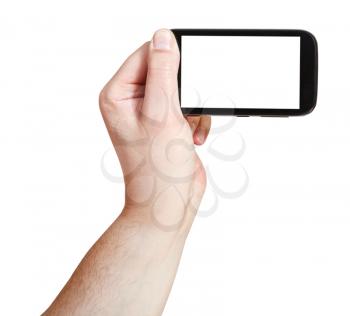 male hand holding smartphone with cut out screen isolated on white background