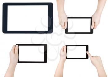 set of children hands with tablet pc with cut out screen isolated on white background