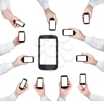 set of businessman hands with smart phones with cut out screen isolated on white background