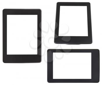set of e-book reader with cut out screen isolated on white background