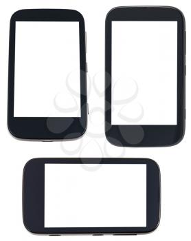 set of smart phones with cut out screen isolated on white background