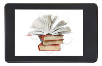 pile books on screen of e-book reader isolated on white background