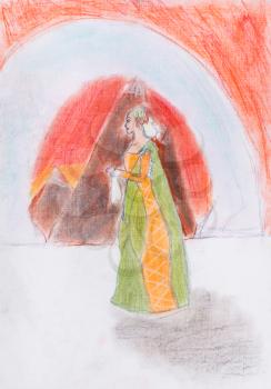 child's drawing - the queen on background of red mountains