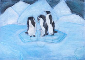 child's drawing - penguins on ice floe in cold blue night