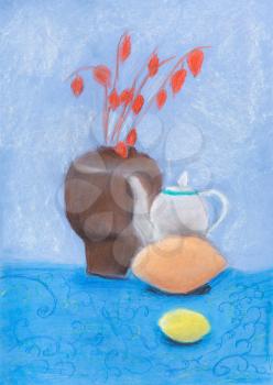 child's drawing - still life with vase, kettle, lemon