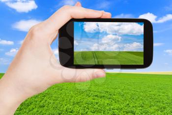 travel concept - tourist taking photo of green country field under blue sky with white clouds on mobile gadget, France
