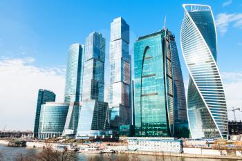 Towers of Moscow City business district in sunny spring day