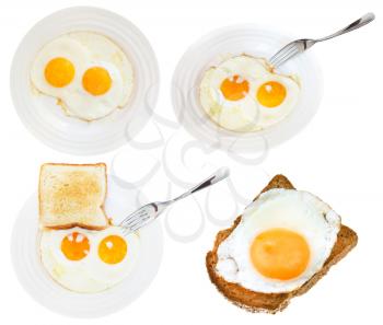 set of fried eggs on white plate isolated on white background