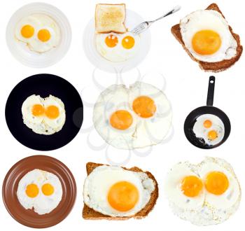 set from fried eggs isolated on white background