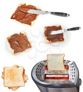 sweet sandwiches - toasts with hazelnut and chocolate spread and toaster isolated on white background