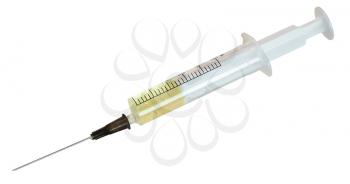 5 ml syringe filled with yellow infusion isolated on white background