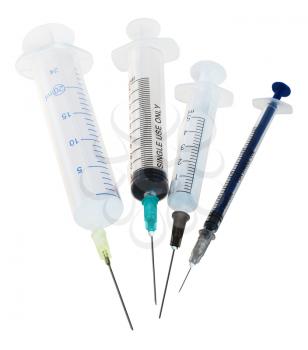 four new medical plastic disposable syringes isolated on white background