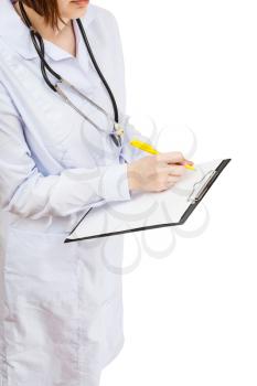 doctor writes in clipboard isolated on white background