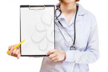 Nurse shows clipboard with blank paper isolated on white background