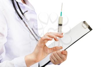 doctor holds syringe and clipboard isolated on white background