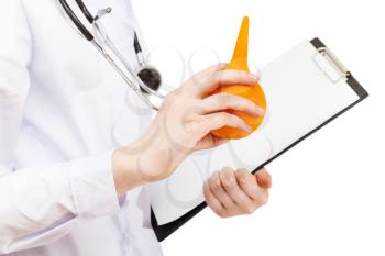 nurse hold yellow rubber enema isolated on white background