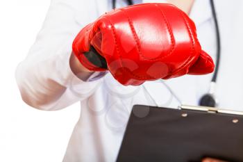 nurse hand in boxing glove isolated on white background