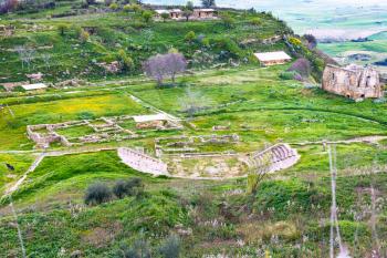 above view of ancient greek theater in Morgantina area, Sicily, Italy