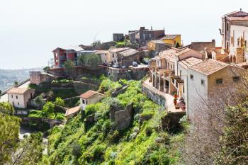 view of houses in mountain village Savoca in Sicily, Italy