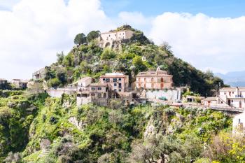 Capuchins’ Monastery and houses on top of calvario mount in town Savoca in Sicily, Italy