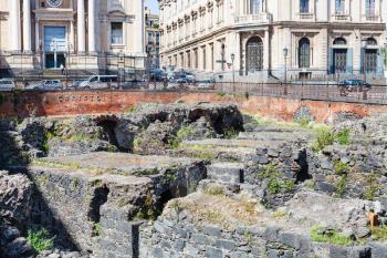 ancient roman amphitheater (Anfiteatro Romano) and Church San Biagio in Piazza Stesicoro in Catania, Sicily