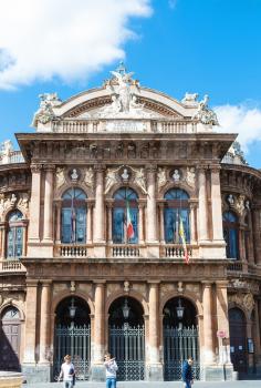 CATANIA, ITALY - APRIL 5, 2015: facade of Teatro Massimo Bellini on Piazza Vincenzo Bellini in Catania, Sicily, Italy. Teatro Massimo Bellini is an opera house, it was inaugurated on 31 May 1890.