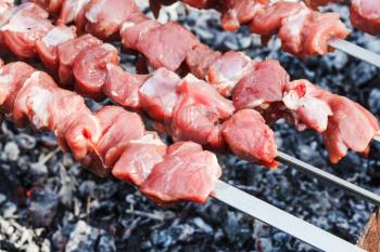 skewers with lamb shish kebabs on grill close up