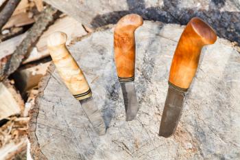 three hunting knives thrust in tree stump