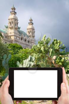 travel concept - tourist photograph cactus in urban park in Monte Carlo, Monaco on tablet pc with cut out screen with blank place for advertising logo