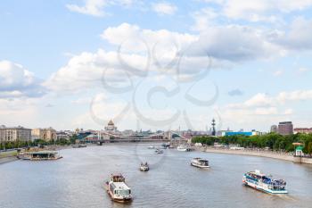 excursion ships in Moskva River near Crimean Bridge, Moscow, Russia