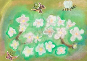 children drawing - Butterflies fly over the green flower meadow by dry pastel
