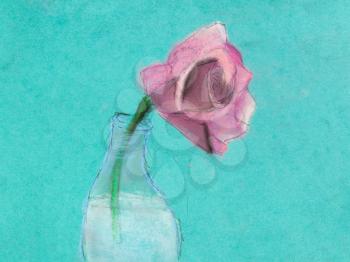 children drawing - one pink rose flower in glass bottle by dry pastel on green paper