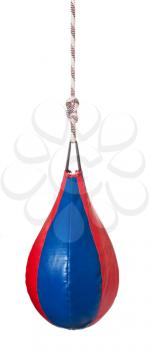 pear shaped red and blue leather speed ball - boxing punch bag isolated on white background