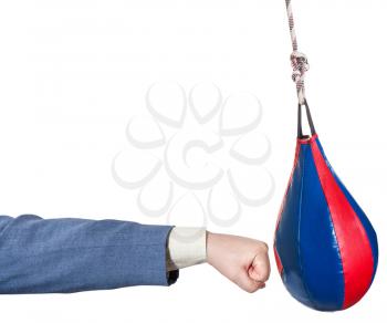 hand gesture - businessman punches punching bag isolated on white background