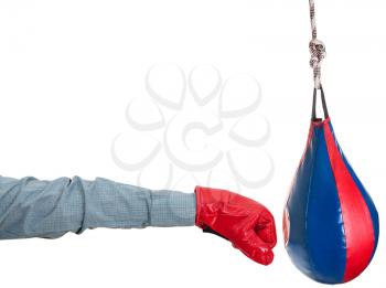 hand gesture - manager with boxing glove punches punching bag isolated on white background