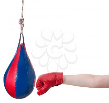 hand gesture - child with boxing glove punches punching bag isolated on white background