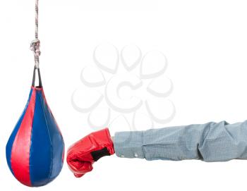 hand gesture - office worker with boxing glove punches punching bag isolated on white background