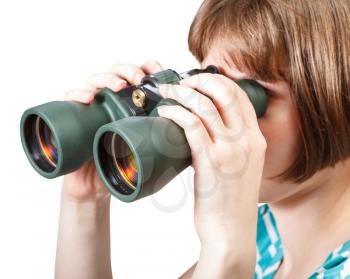 girl watching through binoculars isolated on white background