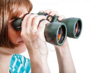 girl watching through field glasses isolated on white background