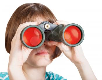 front view of girl looks through binoculars isolated on white background