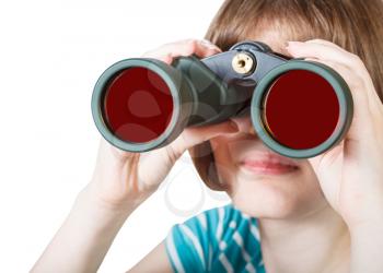 front view of girl looks through field glasses isolated on white background