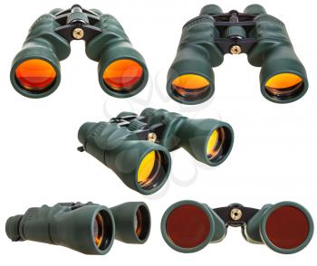 set from green field binoculars isolated on white background