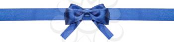 narrow blue satin ribbon with symmetric bow with square cut ends isolated on white background