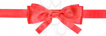 narrow red satin ribbon with real bow with square cut ends isolated on white background