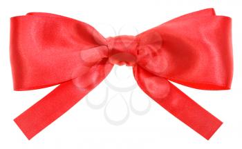 real red satin ribbon bow with square cut ends isolated on white background