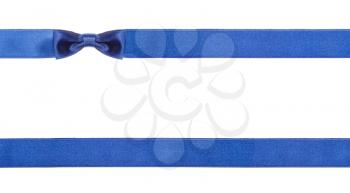 one blue satin bow knot in upper left corner and two horizontal ribbons isolated on horizontal white background